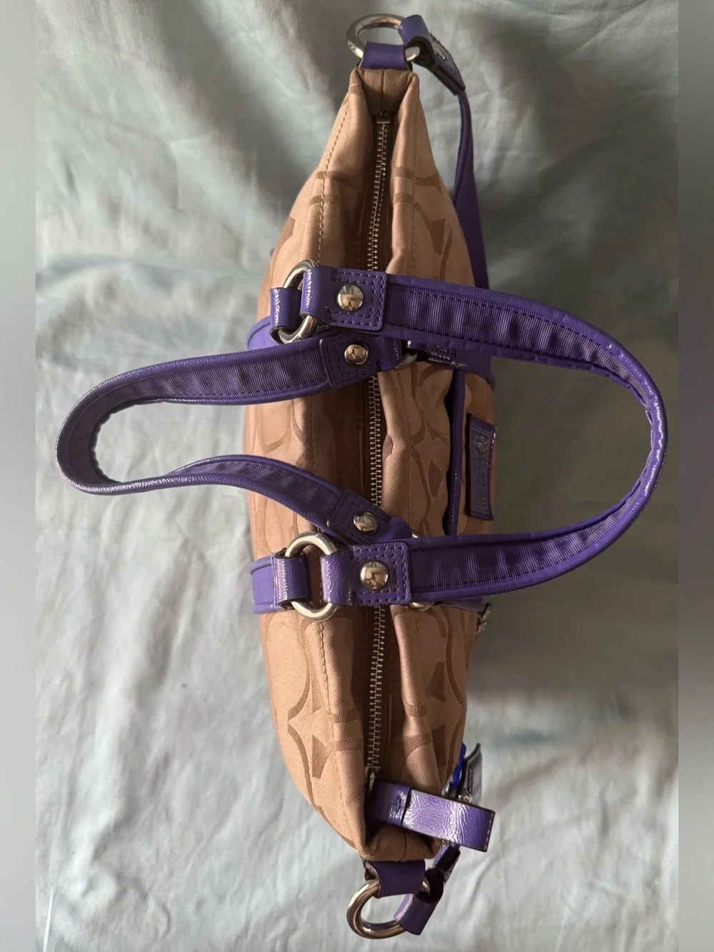 Coach F20101 Poppy Khaki and Purple Signature C Jacquard Canvas Satchel/Tote